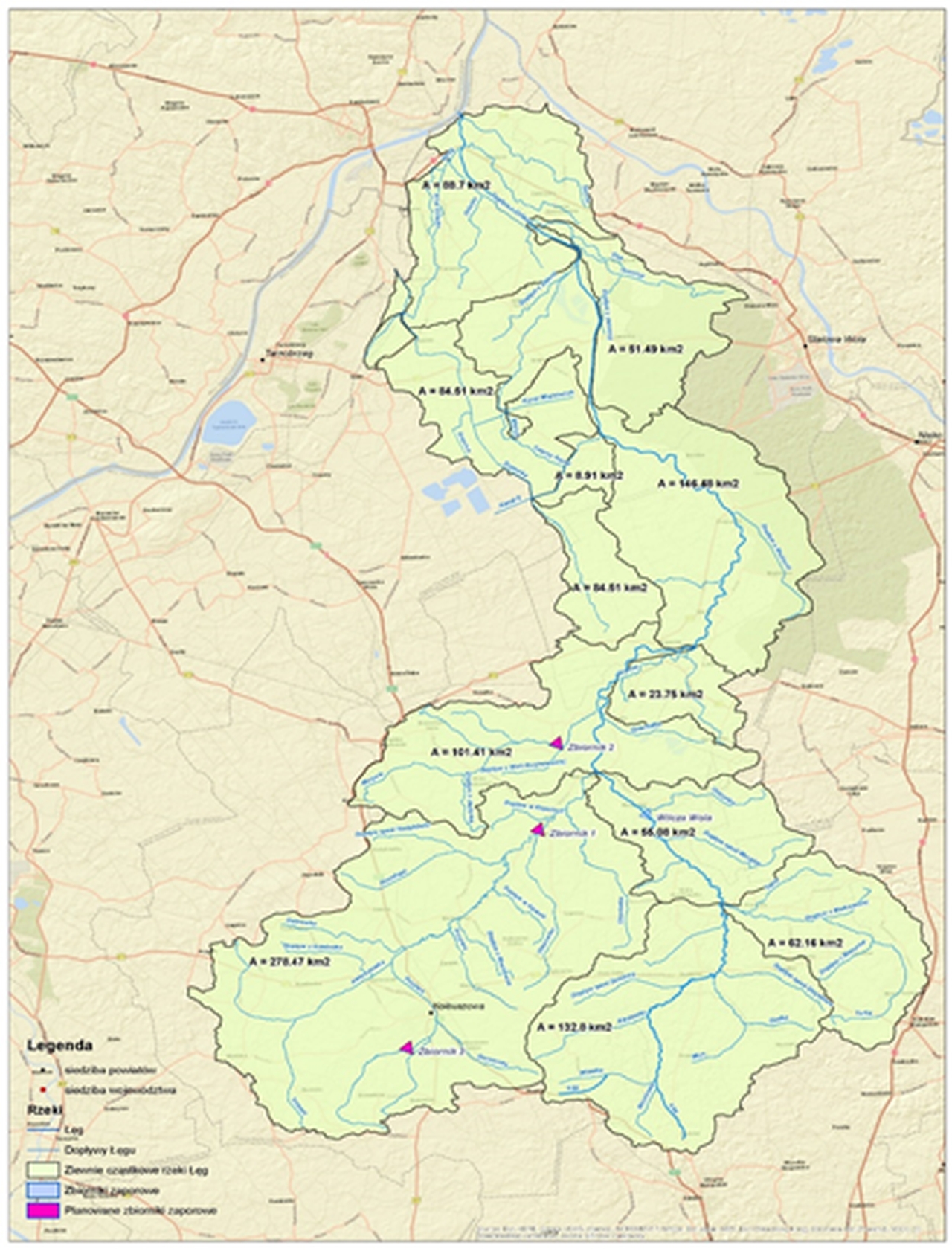 Potencjalna lokalizacja trzech nowych zbiorników w zlewni Łęgu